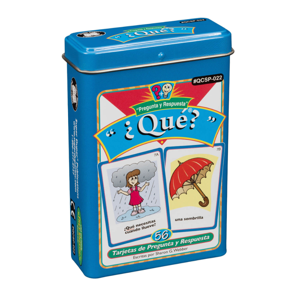 Blue card game box with illustrations and text on a white background