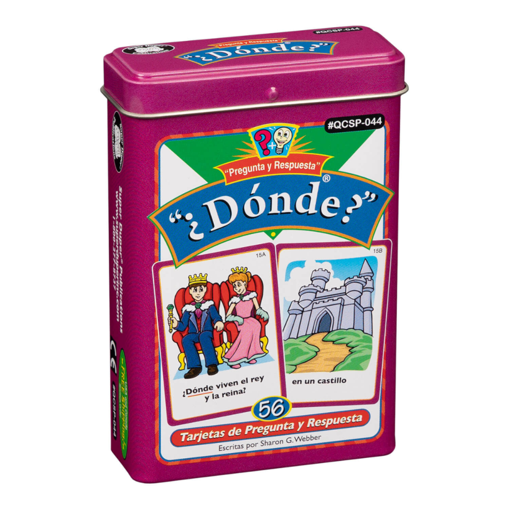 Card game packaging for '¿Dónde?' with colorful design and text on a white background