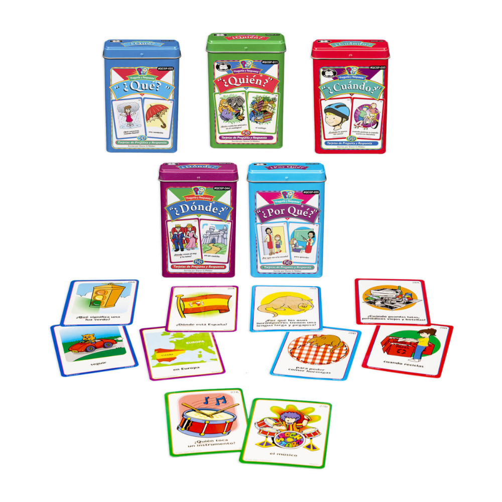 Set of colorful card games with question cards on a white background