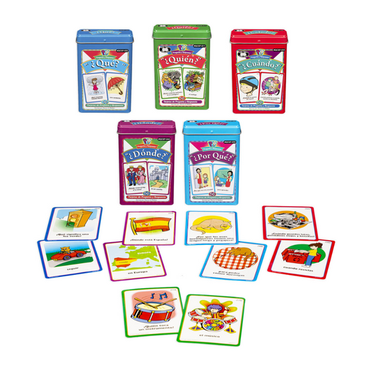 Set of colorful card games with question cards on a white background