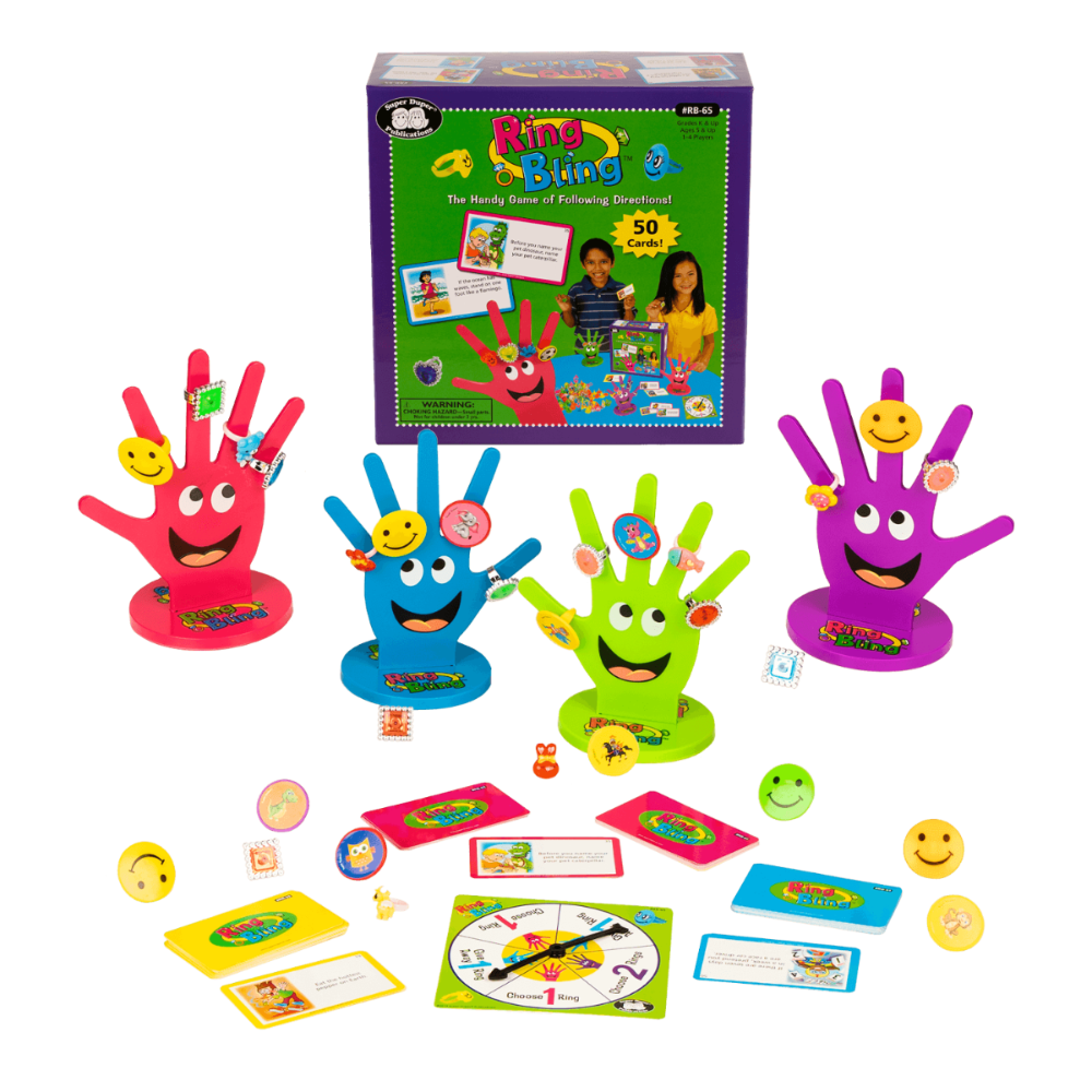 Colorful hand-shaped toys with smiling faces and game components on a white background