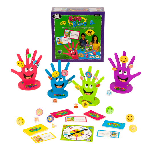 Colorful hand-shaped toys with smiling faces and game components on a white background