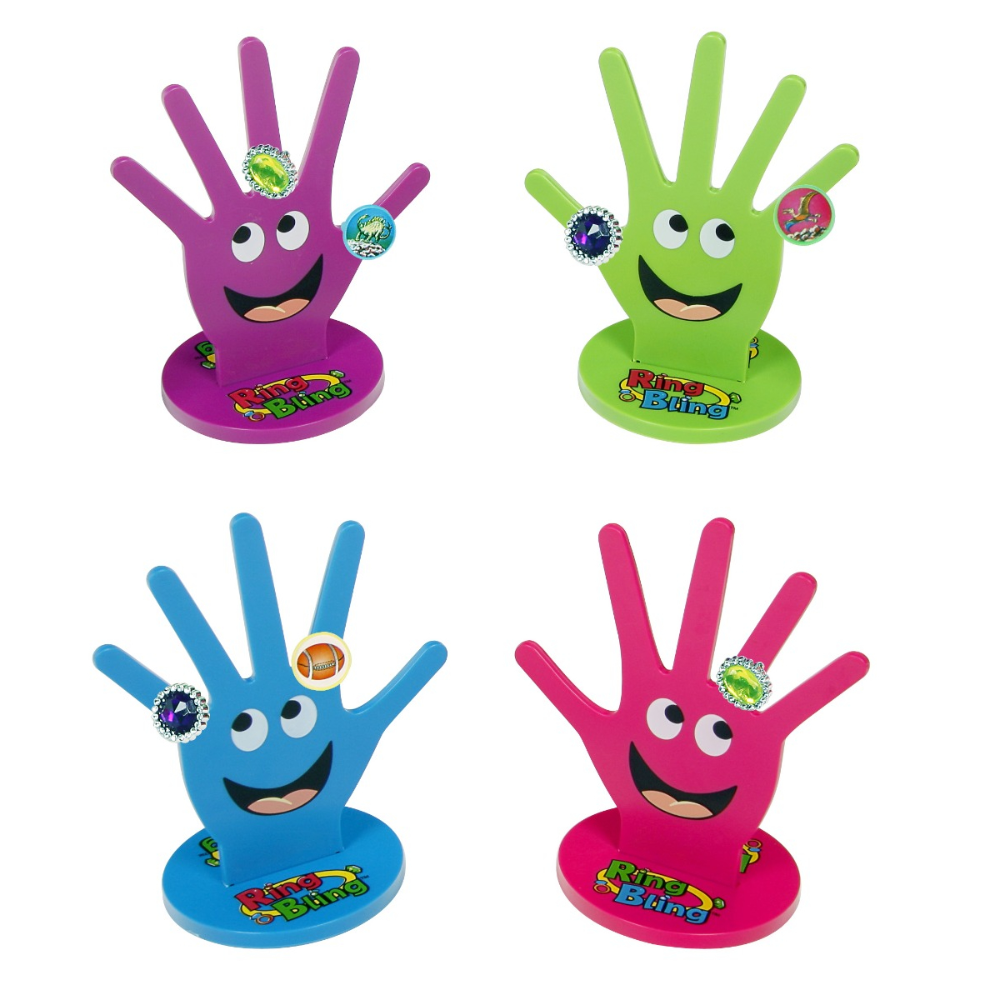 Four colorful hand-shaped toys with smiling faces on a white background
