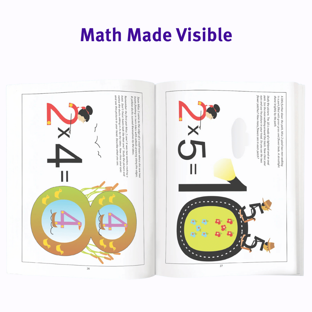 Sample pages of the Right-Brained Multiplication & Division book with the tagline Math Made Visible