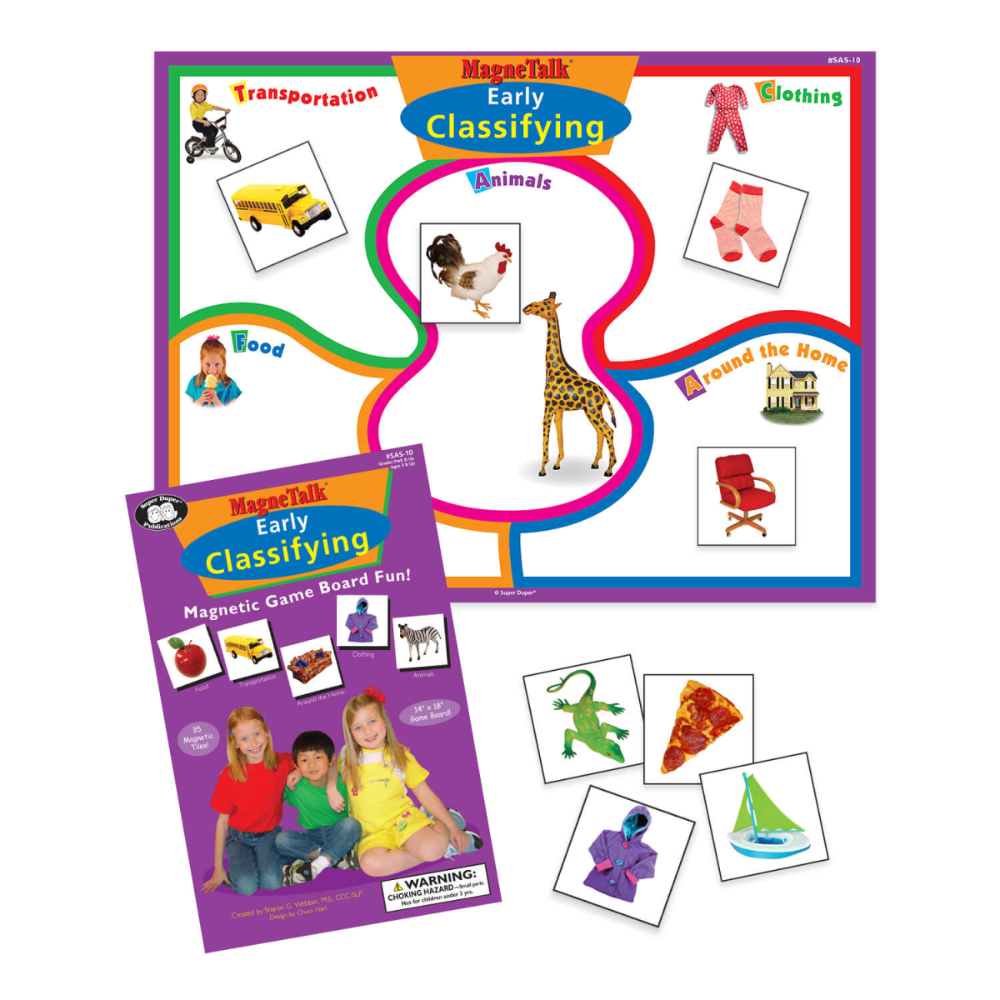 Educational game board and cards for early learning with images of animals, transportation, and clothing.