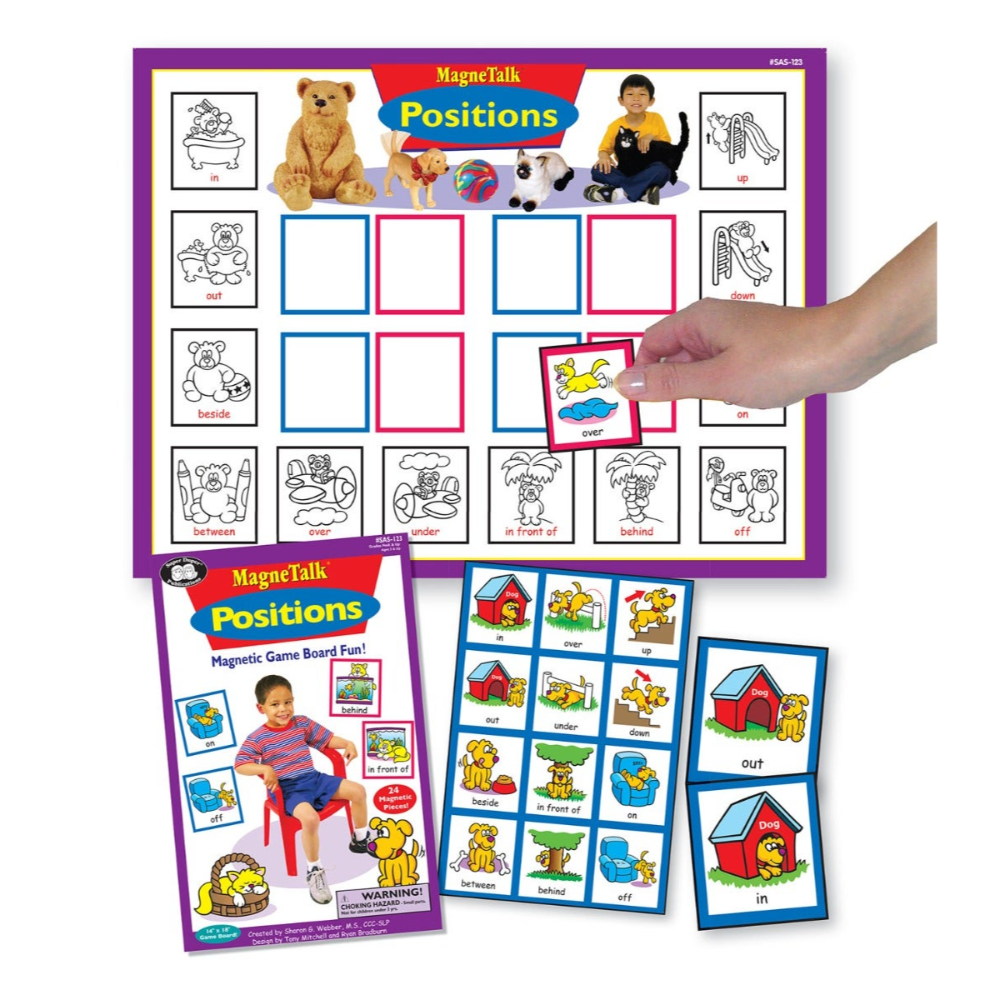 Educational game set with cards and a board titled 'MagneTalk Positions' on a white background.