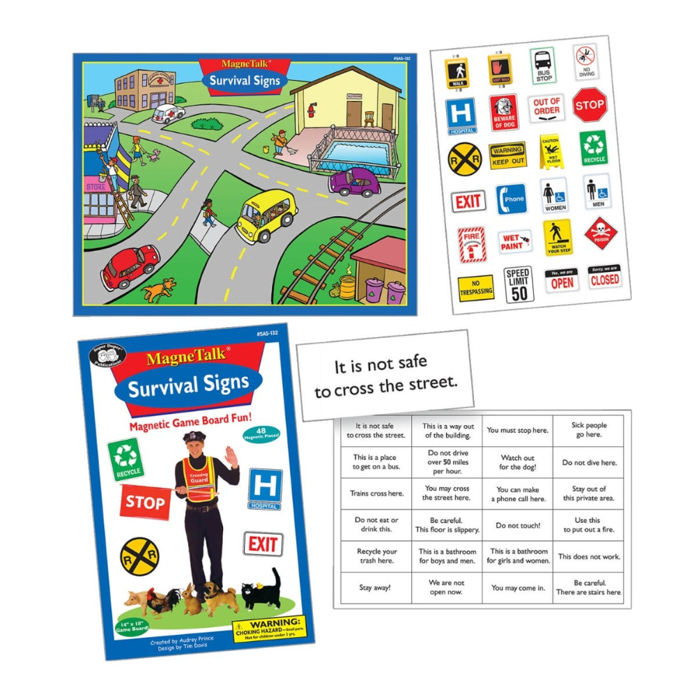 Educational materials for children with road safety signs and illustrations.