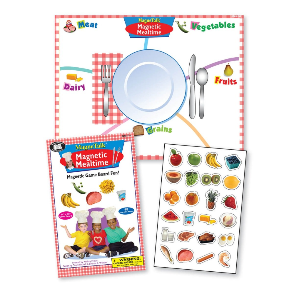 Educational magnetic mealtime game with plates, utensils, and food stickers on a white background.