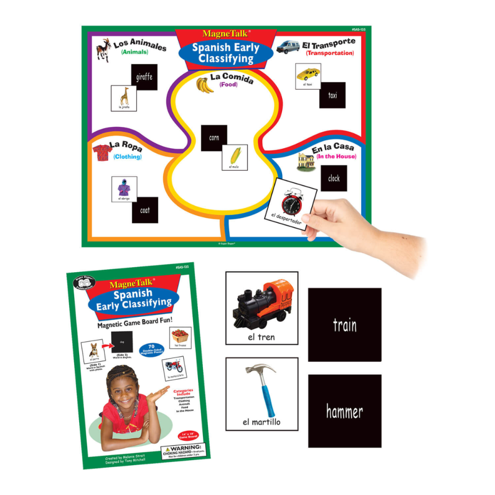 Spanish early classifying educational game with magnetic board and cards on a white background