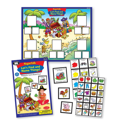 Educational magnetic game board with illustrations and labels on a white background