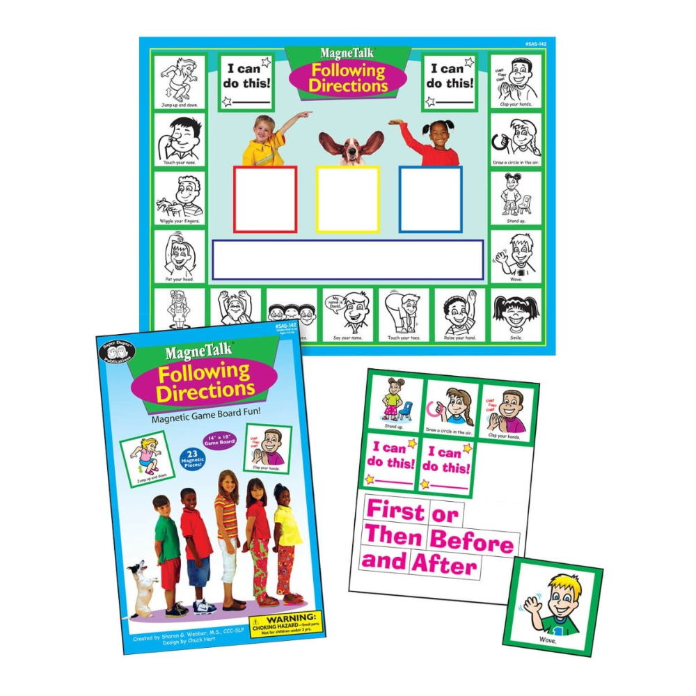 Educational materials for teaching following directions, including a board game and cards on a white background.