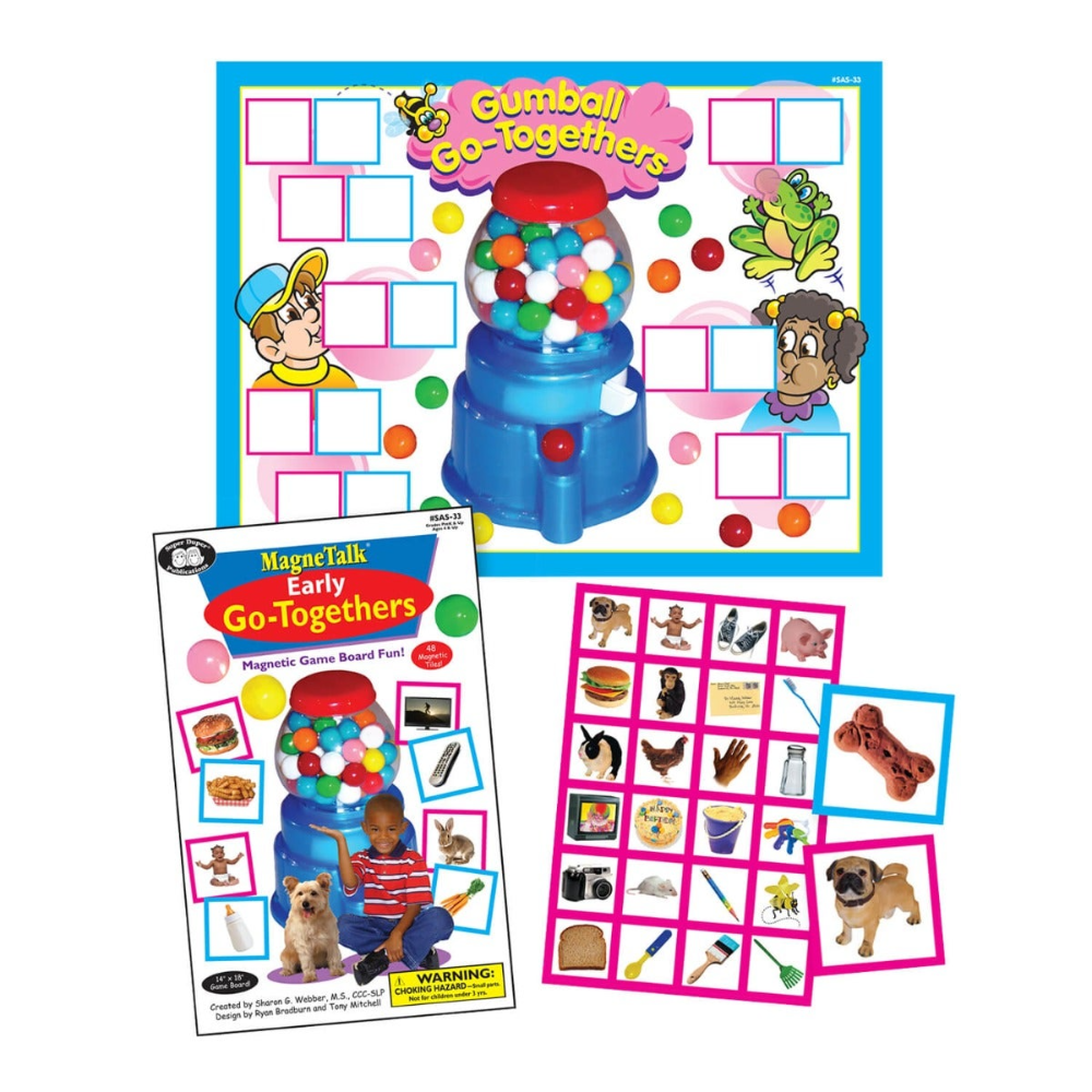 Educational materials with gumball machine design and character illustrations on a white background