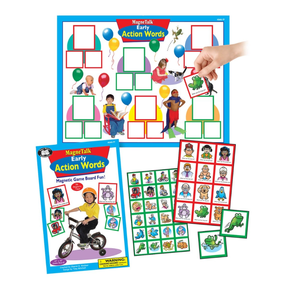 Educational game set with magnetic boards and cards for children's learning.