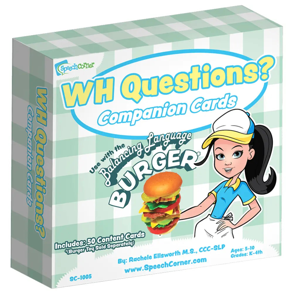 Speechster 'WH Questions? Companion Cards' deck box featuring a light green and white checkered background, bold yellow and blue title text, an illustration of a cartoon waitress holding a burger, and product details printed on the front and spine.