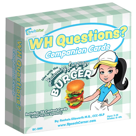 Speechster 'WH Questions? Companion Cards' deck box featuring a light green and white checkered background, bold yellow and blue title text, an illustration of a cartoon waitress holding a burger, and product details printed on the front and spine.