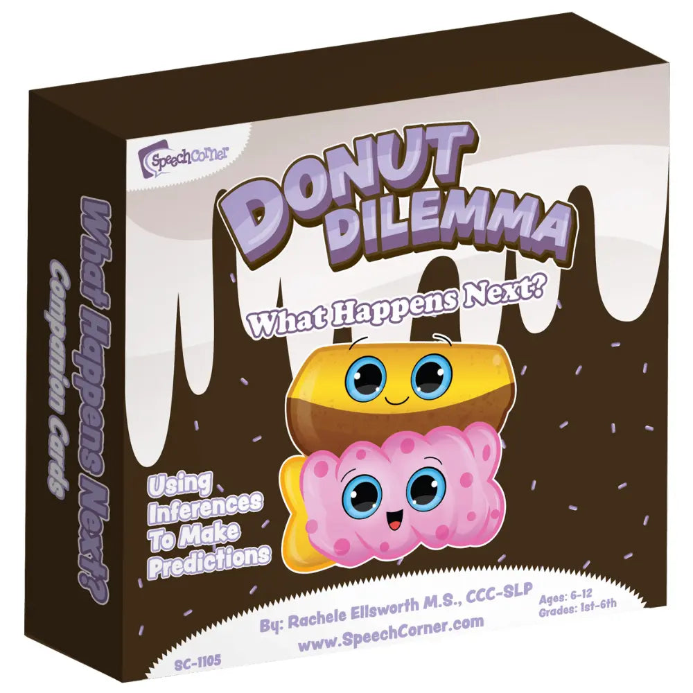SpeechCorner 'Donut Dilemma' educational game box, featuring a brown and white chocolate-drip design with cute cartoon donuts on the front and spine.