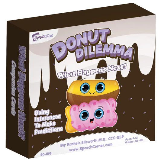 SpeechCorner 'Donut Dilemma' educational game box, featuring a brown and white chocolate-drip design with cute cartoon donuts on the front and spine.