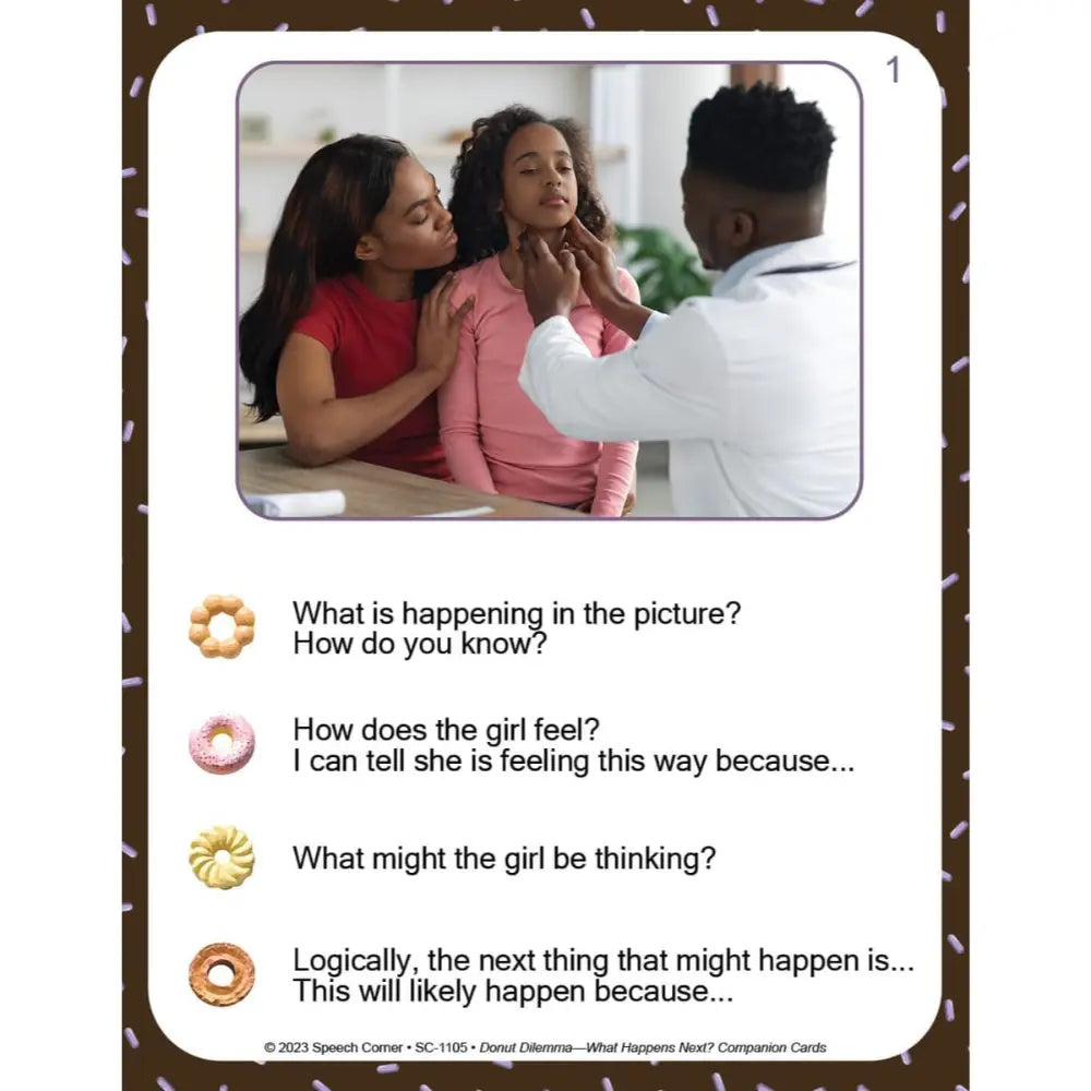 A speech therapy card featuring a photo of a doctor examining a young girl while a woman comforts her, with text prompts below about the scene and the girl's feelings.