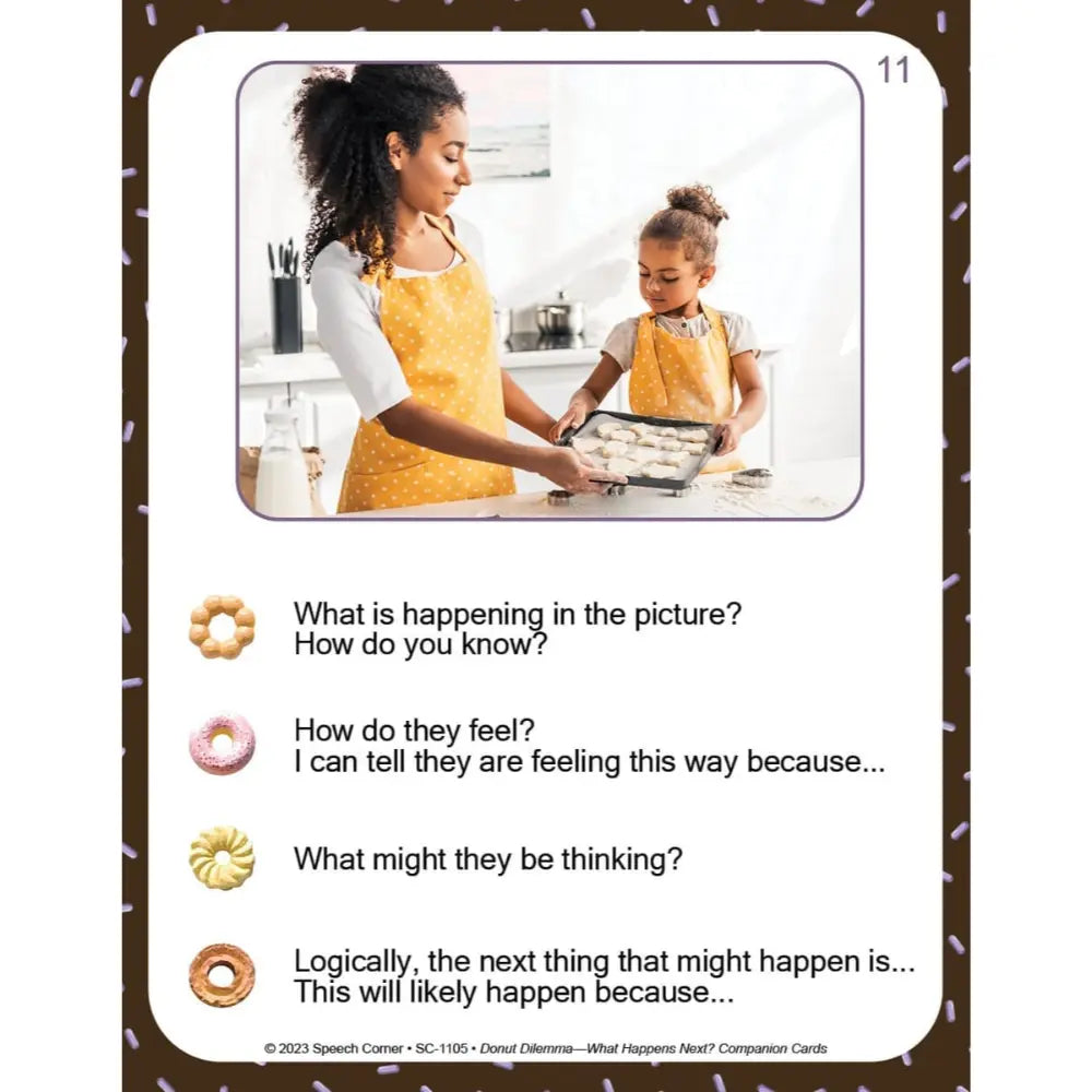 A speech therapy card featuring a photo of a woman and child baking, with text prompts below about what is happening, their feelings, and logical next steps. The card has a white background with a dark brown border and decorative pastry icons.