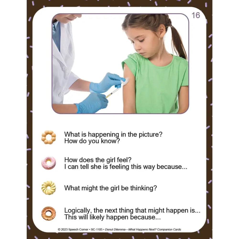 An educational card featuring a photo of a child receiving an injection, with text prompts about what is happening, the child's feelings, and logical consequences. The card has a white background with a dark brown border and decorative confetti details.