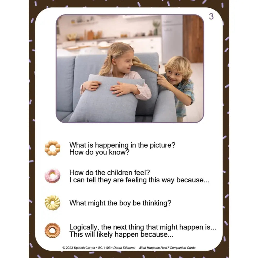 A speech therapy card featuring a photo of two children on a couch, with text prompts below about their feelings and thoughts, framed by a brown border with small decorative accents.