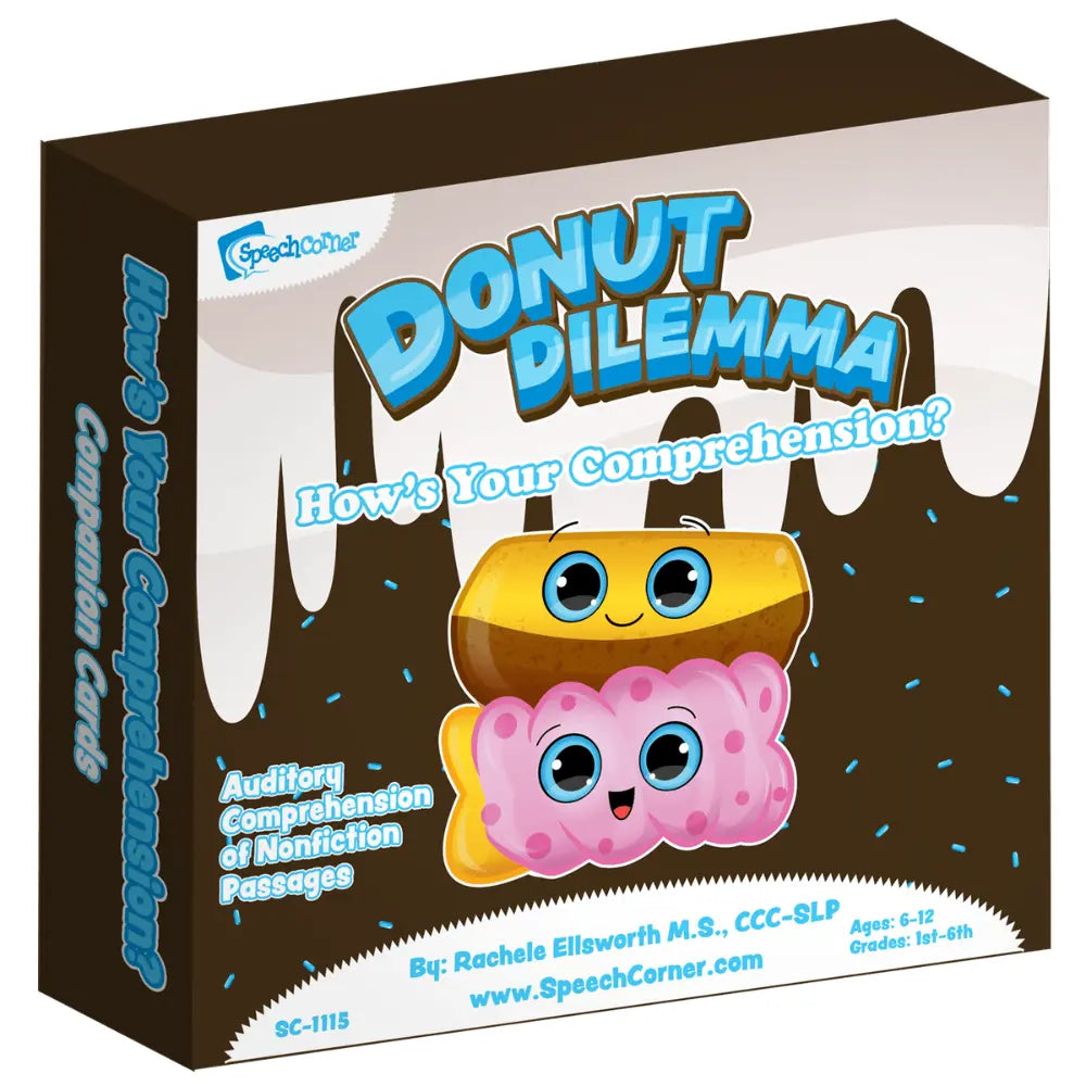 SpeechCorner 'Donut Dilemma' educational game box, featuring a cartoon donut character with a yellow and pink donut topping, set against a chocolate brown and white background.