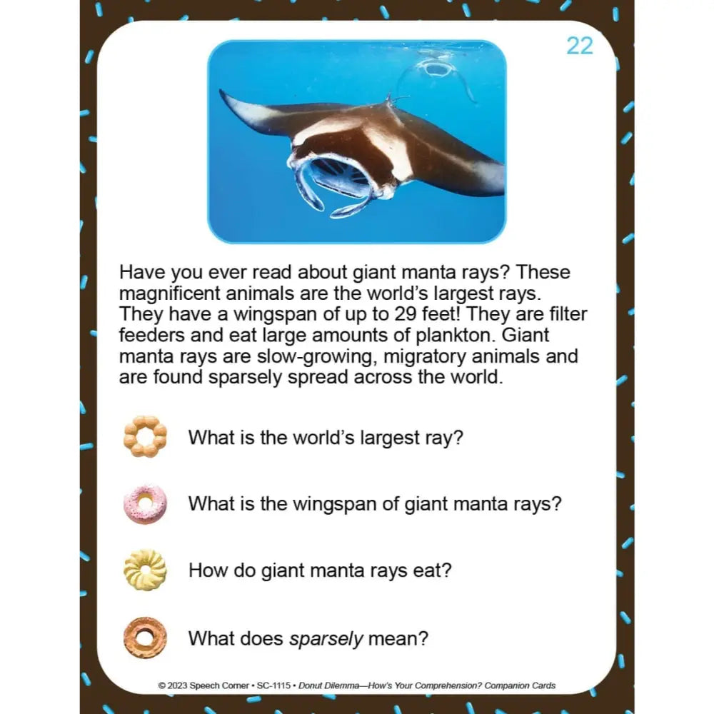 An educational comprehension card about giant manta rays, featuring a photograph of a manta ray underwater, a text paragraph, and four multiple-choice questions with donut-shaped icons.