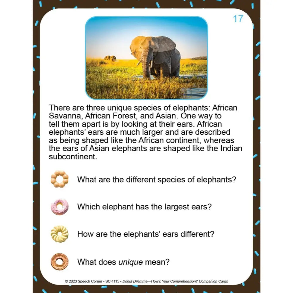 An educational comprehension card from Speech Corner about elephants, featuring a picture of an African savanna elephant and multiple-choice questions on species and ear differences.