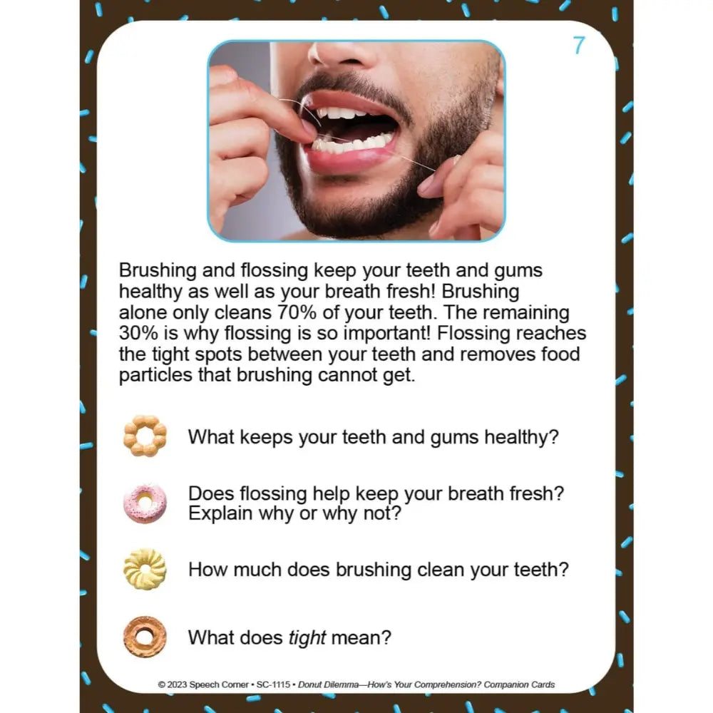 A printed educational comparison card with a rounded white border and blue decorative corner accents. The top shows a small photo of a man flossing his teeth.