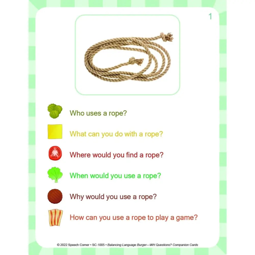 A language educational card featuring a coiled natural rope at the top and a list of questions about rope use, with colored icons and text on a white card with a green border.