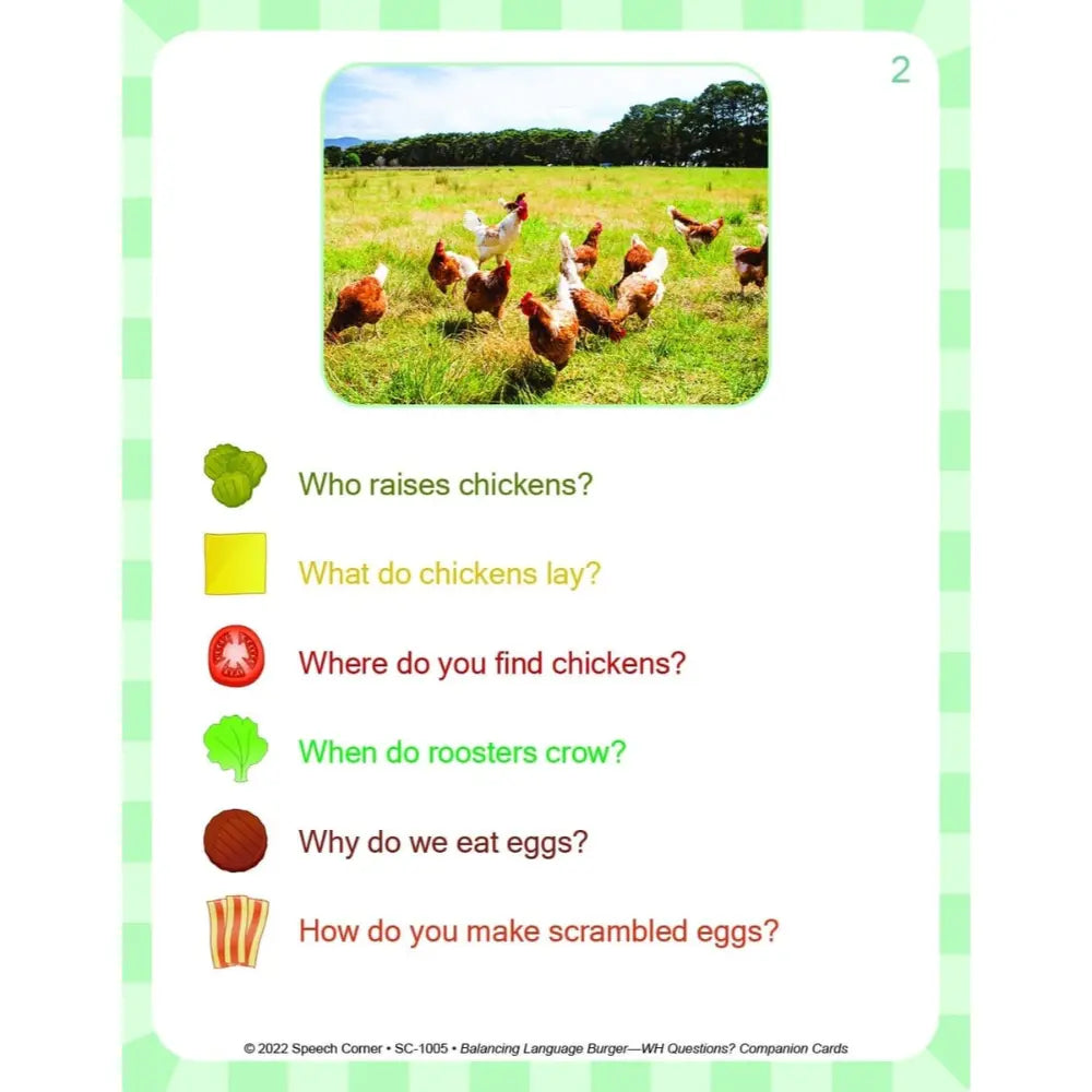 A children's educational language card with a green and white checkered border. The card features a photo of chickens in a grassy field at the top and a list of questions below with colored icons and text: 'Who raises chickens?', 'What do chickens lay?', 'Where do you find chickens?', 'When do roosters crow?', 'Why do we eat eggs?', and 'How do you make scrambled eggs?'.
