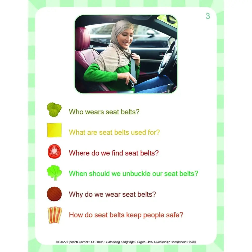 An educational comparison language card from Speech Corner about seat belts, featuring a photo of a woman wearing a seat belt in a car and multiple text questions with colored icons.