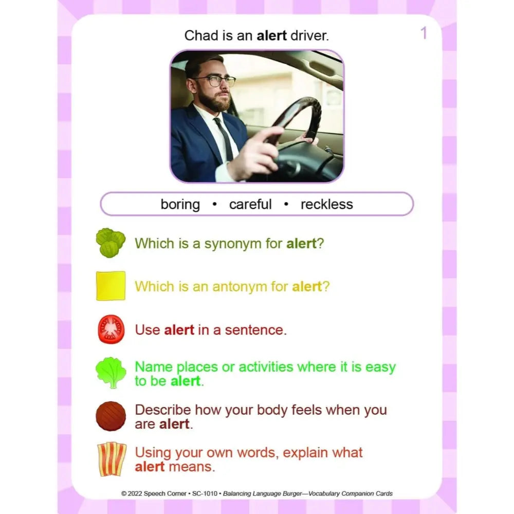 A Spanish language educational balancing card featuring a picture of a man driving a car and text questions about the word 'alert'.