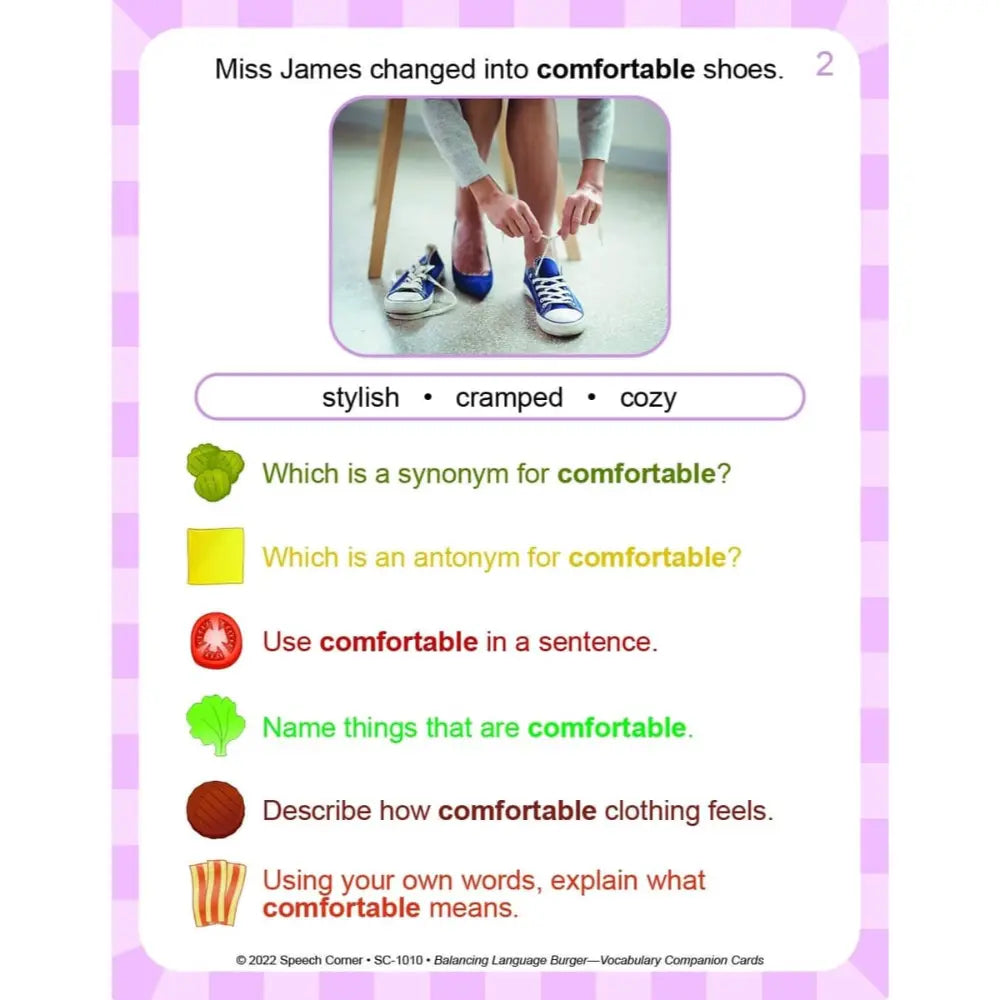 A language vocabulary and grammar comparison card from Speech Corner, featuring the sentence 'Miss James changed into comfortable shoes.' with a photo of someone tying their shoes, and words to choose: stylish, cramped, cozy.