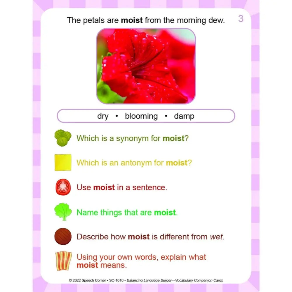 An educational vocabulary card about the word 'moist' featuring a red flower with dew, multiple-choice synonym/antonym questions, and a list of moist things, on a white card with a pink border.