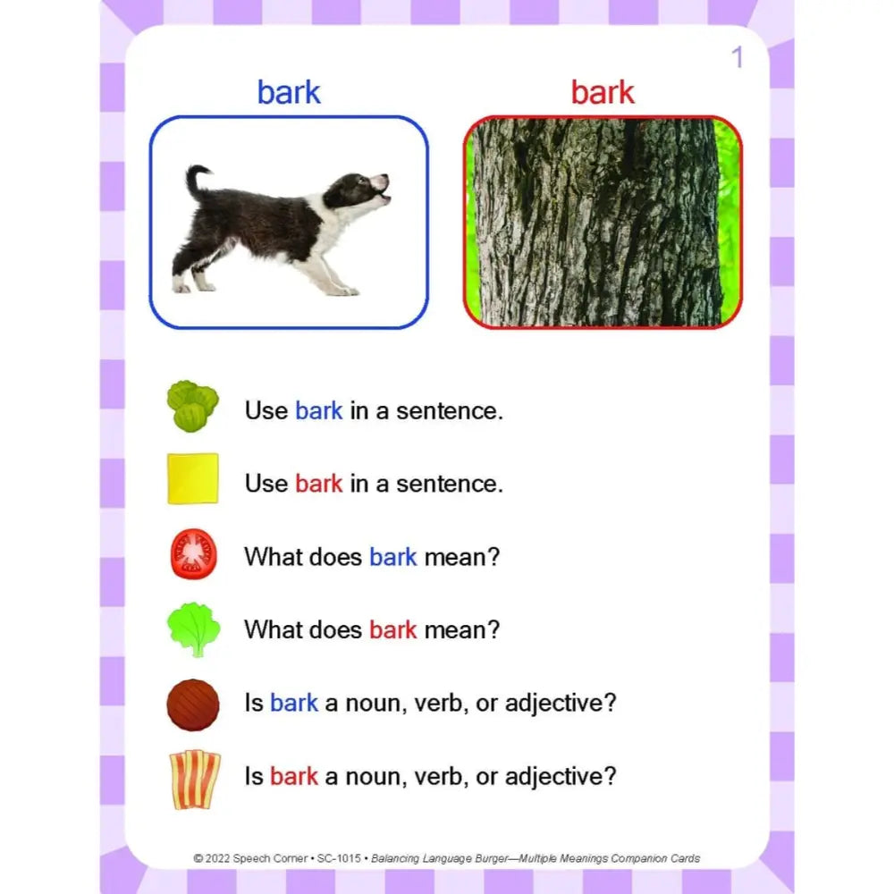 A children's educational card titled 'bark' with a purple checkered border. The card shows two images labeled 'bark' at the top: a black-and-white dog on the left and tree bark on the right.