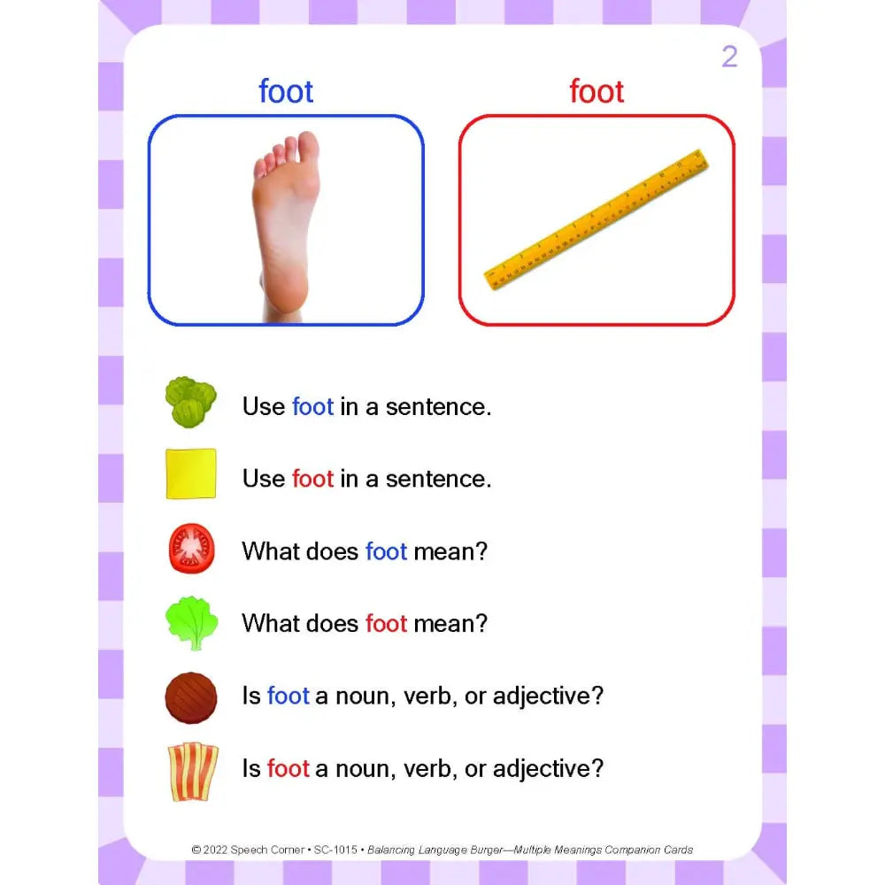 A Spanish language educational card titled 'foot' with a purple checkered border. The card features a photo of a human foot in a blue box and a yellow measuring stick in a red box, both labeled 'foot'.