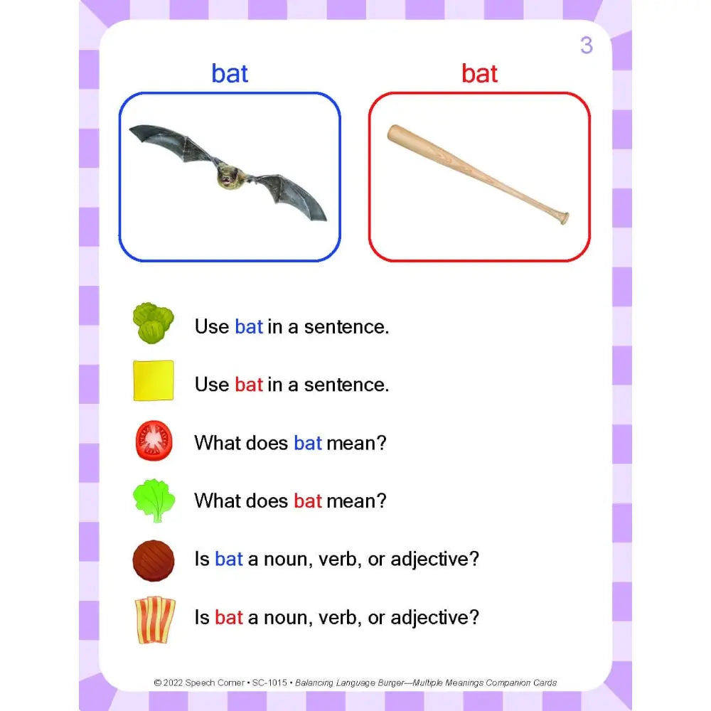 A Spanish learning card titled 'bat' showing two images of the word 'bat' with different meanings: a small flying bird in a blue box and a wooden baseball bat in a red box. Below, there are exercises with colored icons prompting the user to write a sentence using 'bat', define its meaning, identify its part of speech, and complete a crossword-style word puzzle.