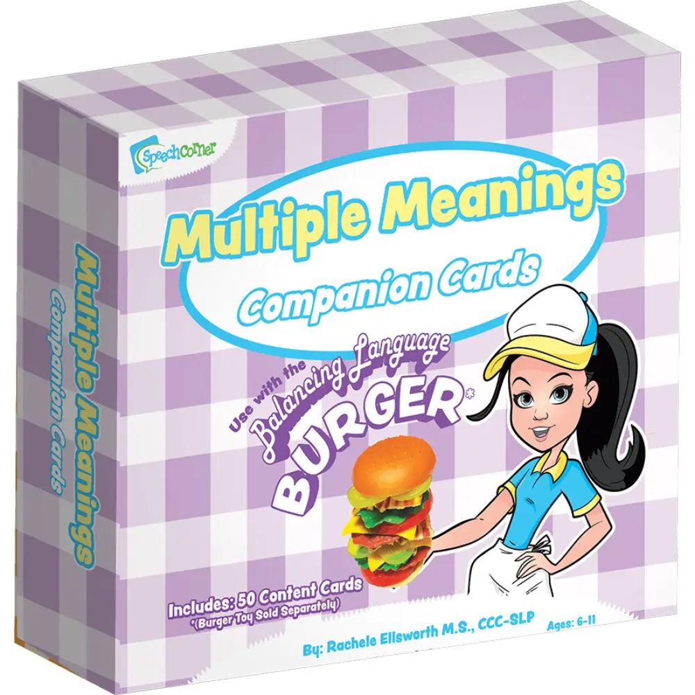 A boxed card game titled "Multiple Meanings Companion Cards" featuring a lavender-and-white checkered box design, large yellow title text, and an illustrated waitress holding a burger. The visible brand is Speak & Learn.