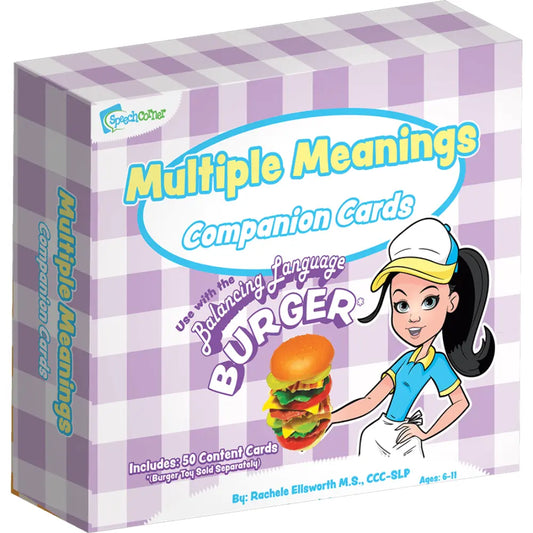 A boxed card game titled "Multiple Meanings Companion Cards" featuring a lavender-and-white checkered box design, large yellow title text, and an illustrated waitress holding a burger. The visible brand is Speak & Learn.