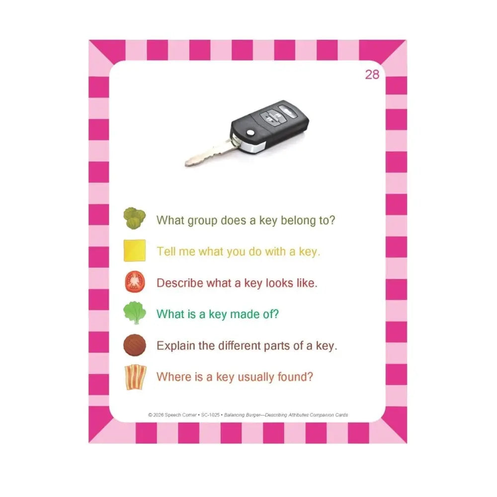 An educational children's card with a pink and white checkered border, featuring a picture of a car key and a list of questions about keys and key parts.