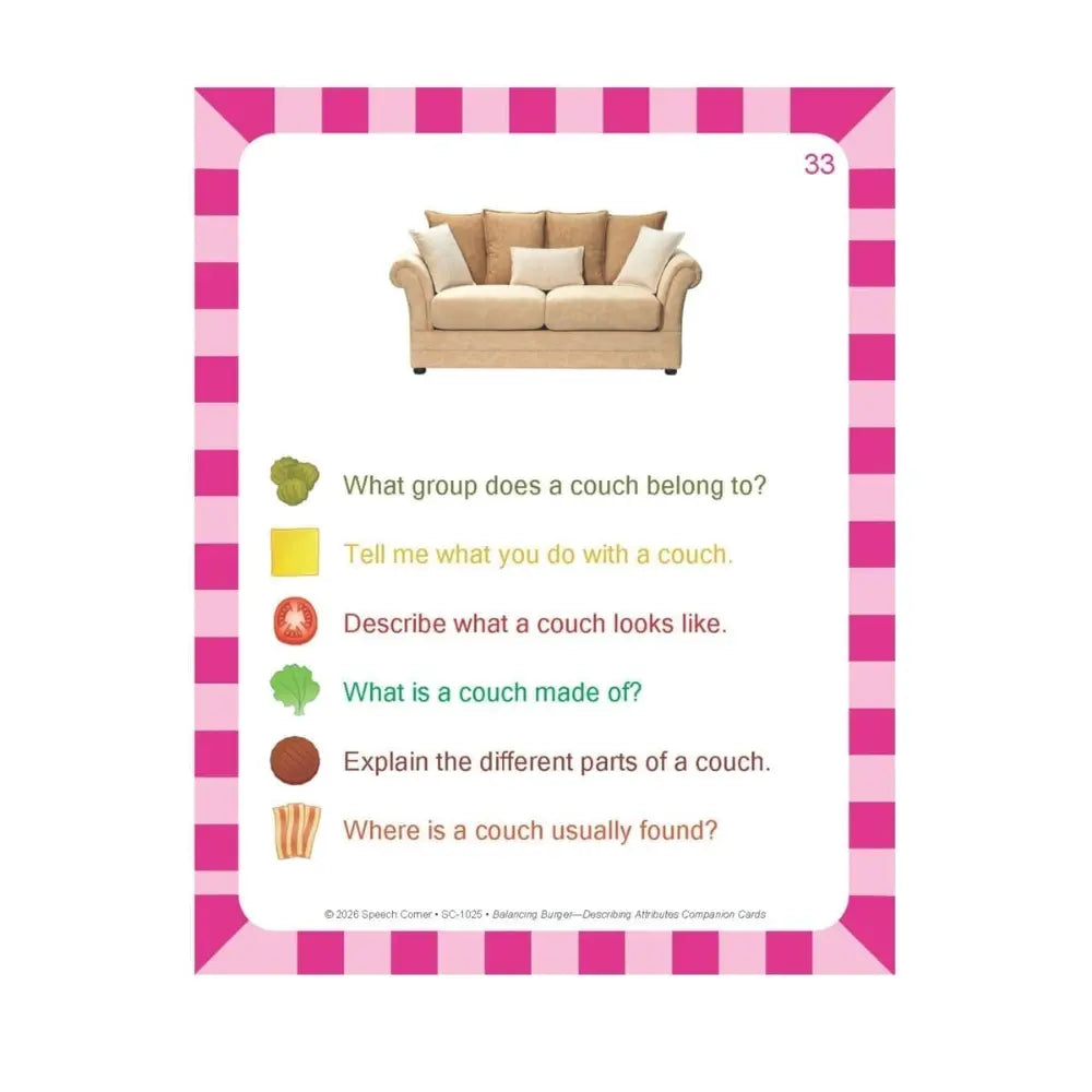 An educational trivia card about a couch, featuring a pink and white checkered border, a photo of a beige loveseat, and multiple-choice questions printed in yellow, red, green, brown, and orange text.