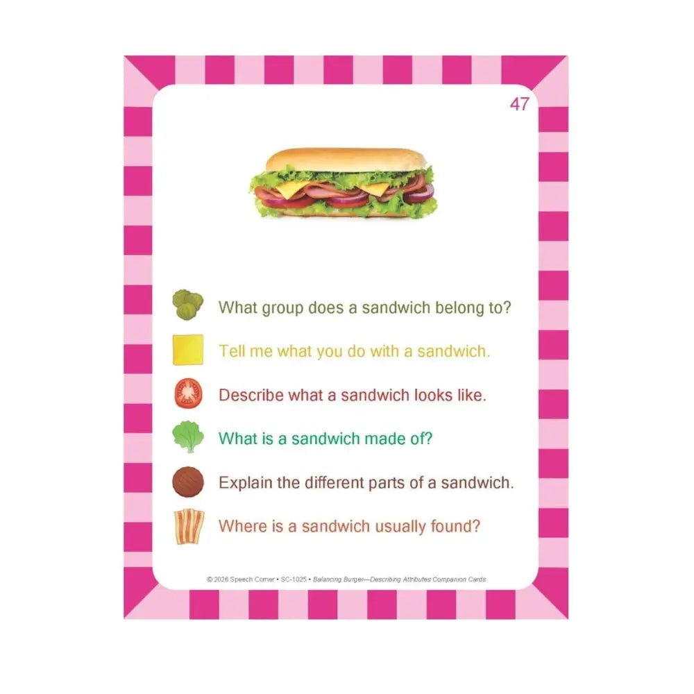 A children's educational card featuring a pink and white checkered border, with a small sandwich illustration at the top and a list of questions about sandwiches in colorful text below.