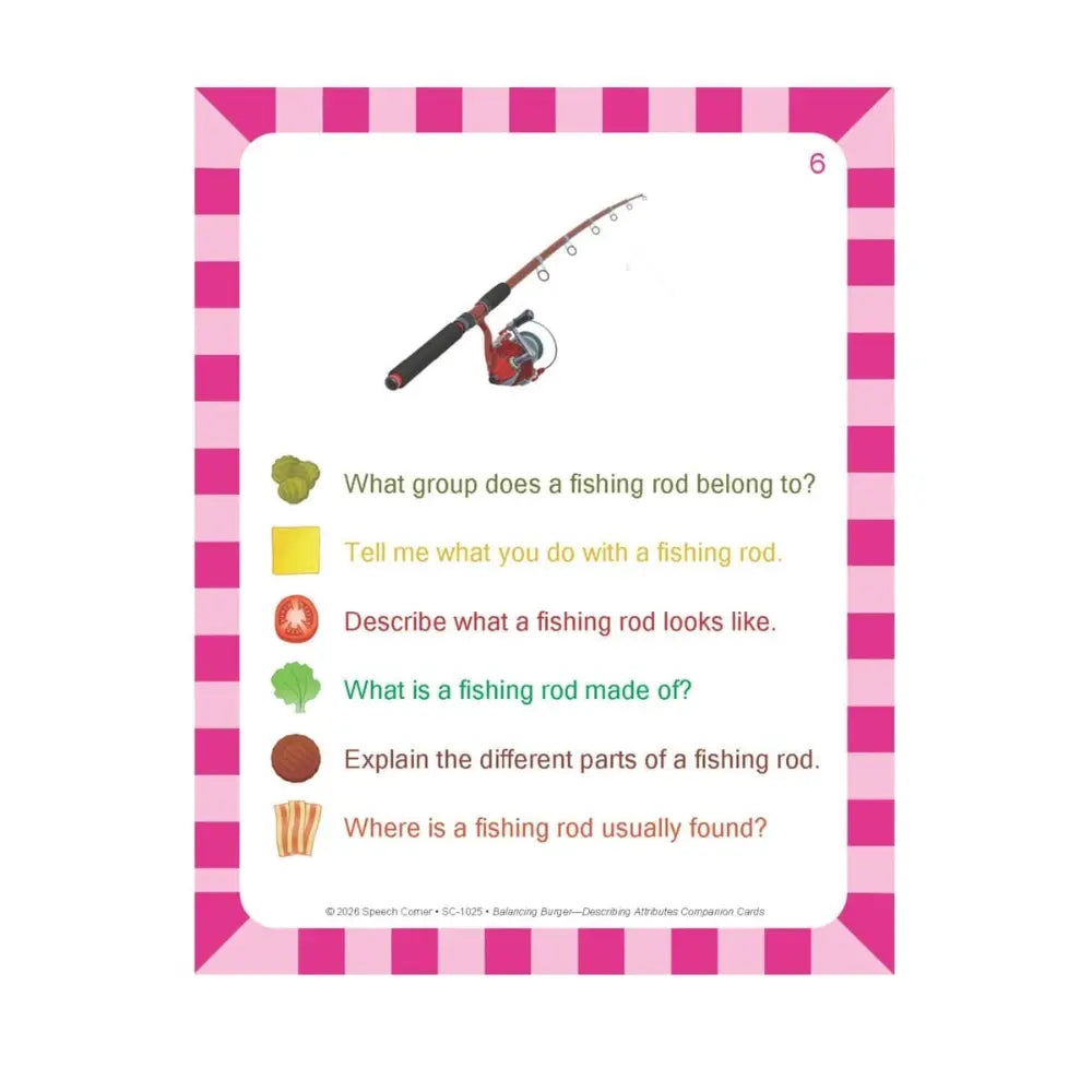 A Spanish educational card featuring a pink and white striped border, with a fishing rod illustration at the top and a list of questions about fishing rods below.