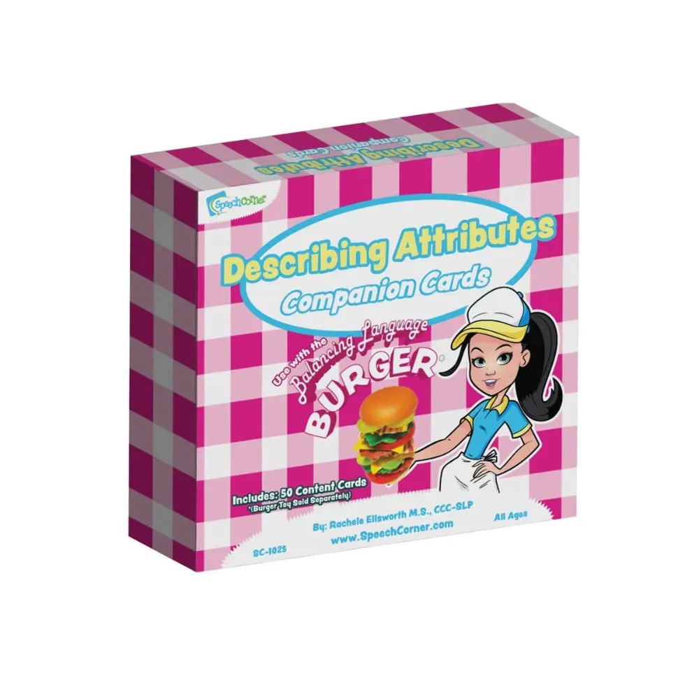 A boxed set of 'Describing Attributes Companion Cards' themed around burgers, featuring a pink and white checkered box with cartoon graphics of a girl and a burger on a white background.