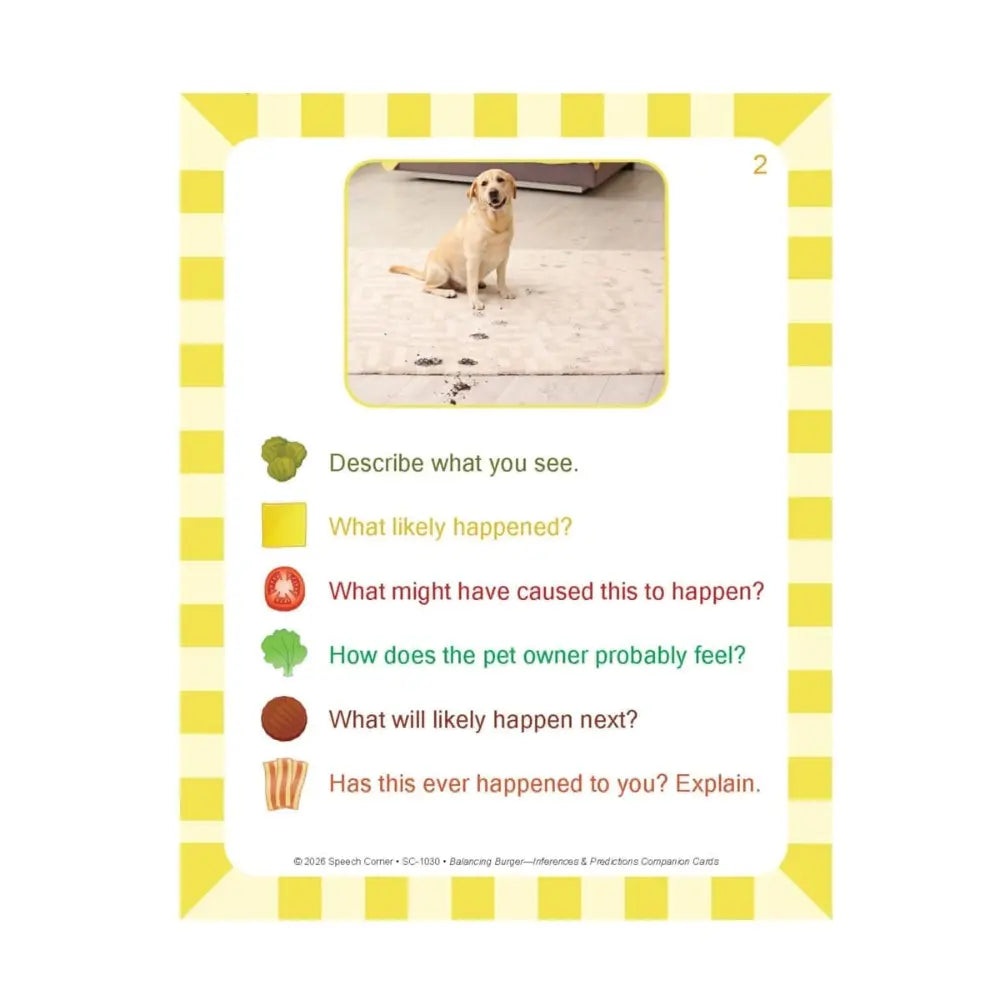 A children's educational card featuring a yellow Labrador Retriever sitting on a concrete surface, with text prompts below about what happened, how the pet owner probably feels, and what might happen next. The card has a yellow and white checkered border.