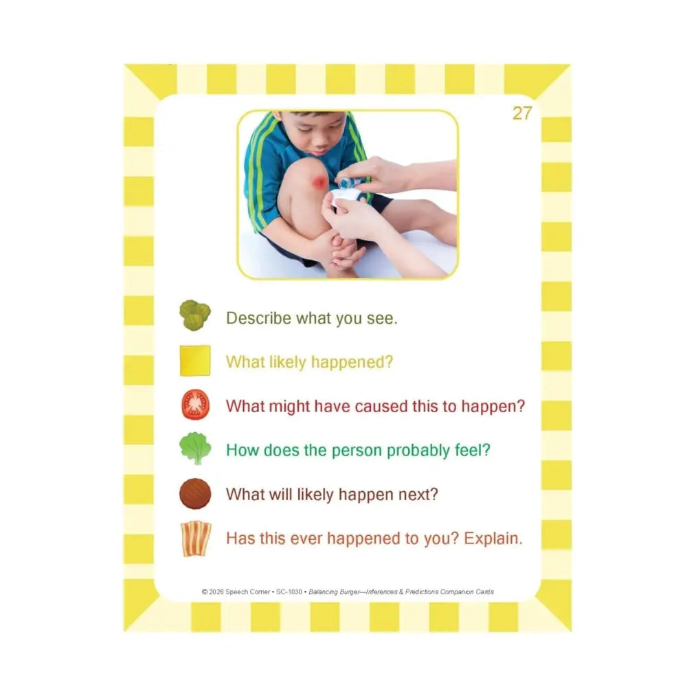 An educational first-aid response card featuring a photo of a child receiving a bandage and text prompts to describe the scene, identify the likely event, suggest causes, discuss feelings, and predict next steps. The card has a yellow and white checkered border.