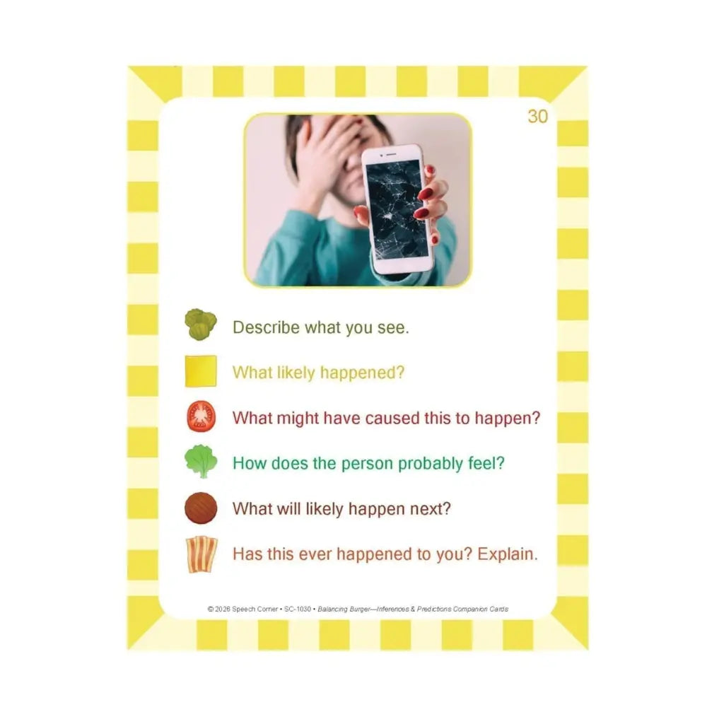 A printed worksheet or card with a yellow-and-white checkered border, featuring a small photo of a person holding a phone and several lines of text prompts about what is shown and possible causes.