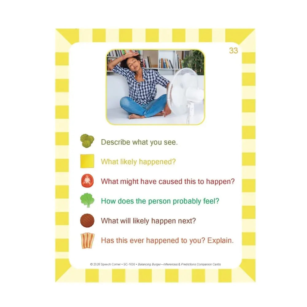 A printed educational card with a yellow border and a small inset photo of a woman sitting on the floor using a fan. The card contains text prompts such as 'Describe what you see.