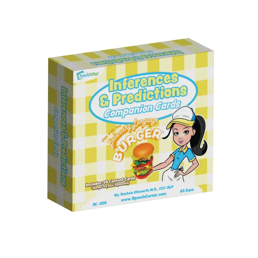 A boxed card deck titled "Inferences & Predictions Companion Cards" with a yellow-and-white checkered pattern, featuring cartoon text and an illustration of a waitress serving a burger. The product is photographed on a plain white background.
